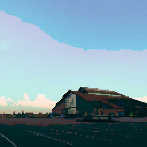 Building at night, illuminated by a vibrant city skyline, showcasing a pixelated, sRGB-inspired art style, with a mesmerizingly detailed background and a captivating landscape