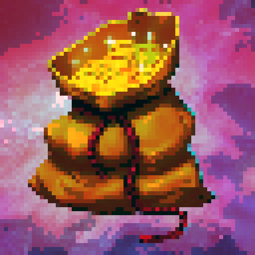 A bulging sack of golden coins, its rich, velvety fabric cinched with a crimson rope, overflowing with shimmering treasure. Each coin gleams with a warm, enchanted glow, catching the light with a touch of magic. Rendered in a vibrant, fantasy-inspired digital painting, set against a swirling cosmic backdrop,   as a 32x32 pixel game icon, rendered with skillful pixel art in sRGB colors
