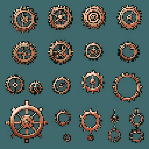 I want a copper gear that looks like it was made by a master clockmaker. It should have strange mechanical details that could interlock with each other. I also want this object usable an asset in a videogame, meaning only one object per image, outlined with a strong black stroke, on a solid-color background.