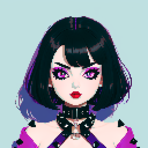 curvy, cute busty goth girl's face, whole head portrait, black hair, purple eyeshadow, red lipstick, low cut black studded leather halter top, studded collar, vibrant sRGB colors, edgy aesthetic. 