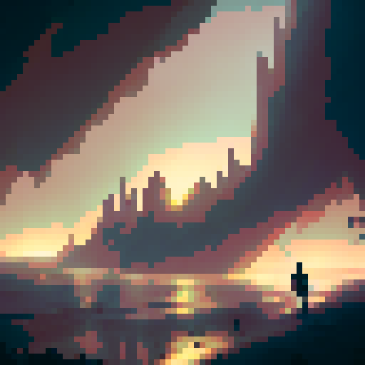 Fishermen with lanterns, their silhouettes barely visible through the thick fog as they dance on the beach beneath the stunning, cinematic sunset of a gloomy, fantasy RPG village