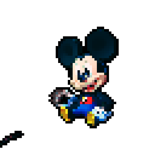 pixel portrait, Mickey Mouse, no background, vibrant colors, playful expression, large round ears, button-like eyes, smiling face, retro vibe, pixelated details, sRGB color space