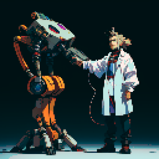 full-body image mad scientist facing left, standing on robot