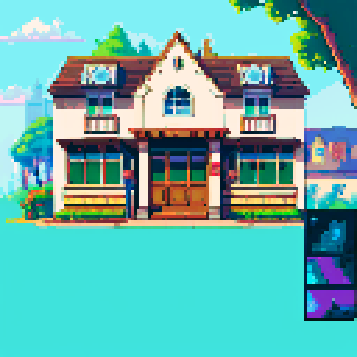 i want to create a really big map with a lot of images that are easy to rearrange. This image should portrait a building in pixel art with a front door and some windows