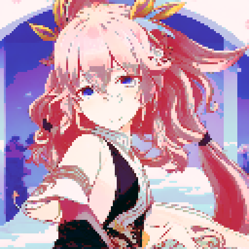 Yae miko, with flowing ribbons in her hair and a serene smile on her face, gazes out from atop a pixelated, pastel pink hill, surrounded by a sea of cherry blossoms and framed by a sweeping, golden sun