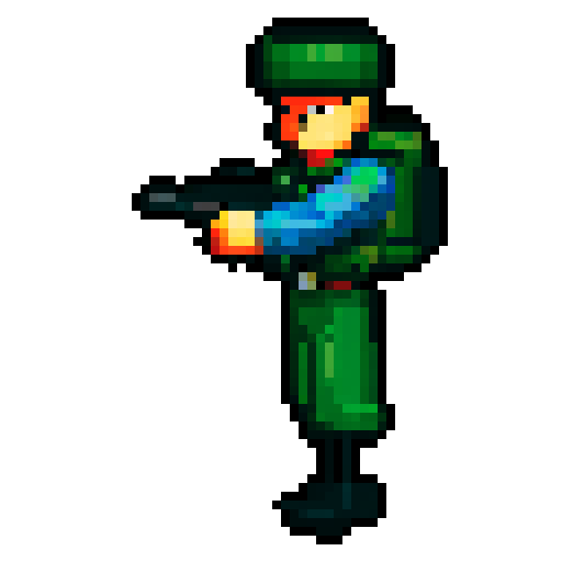 solider, gun pointing up, looking up 