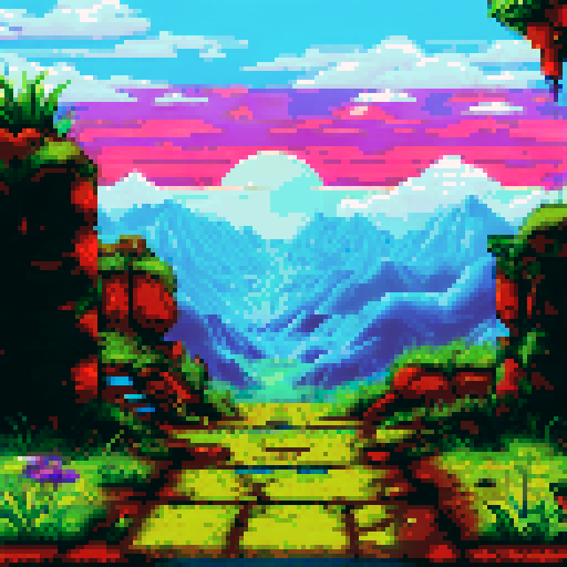 Undertale Ruins exit, a mossy stone archway towering above a winding path leading out of the underground, framed by lush green foliage and a faded, pixelated sunset in the sRGB background