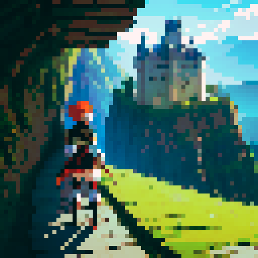 Anime warrior on an adventure with a castle in the backgroun. 