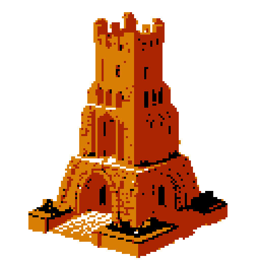 2d Red clay tower in an ancient english style. Old and crumbling but still upright. Usable as an asset (clear, thick lines and a white background). Put a black stroke around the composition