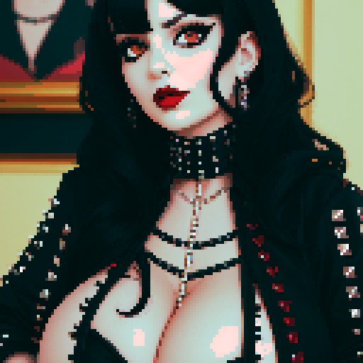 curvy busty goth, cute goth woman, with black hair, and red lipstick, wearing a studded collar,  beauty photo, glamour shot, sRGB color
