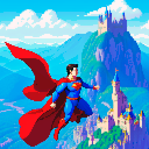 pixelated superman soaring through a vibrant, pixelated fantasy RPG world, with majestic mountains, towering castles, and mystical creatures