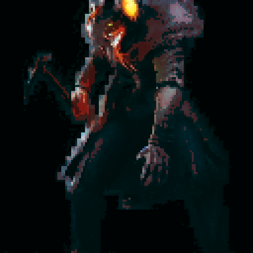 robot, black cloak with yellow edges, bright yellow eyes and jaw, fog, hunchback, sRGB, pixel art, background, landscape