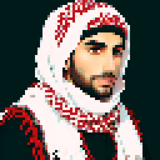Create an image of a traditional Middle Eastern ghutrah (keffiyeh) with a classic white and red checkered pattern. The ghutrah should be draped over the head of a man.