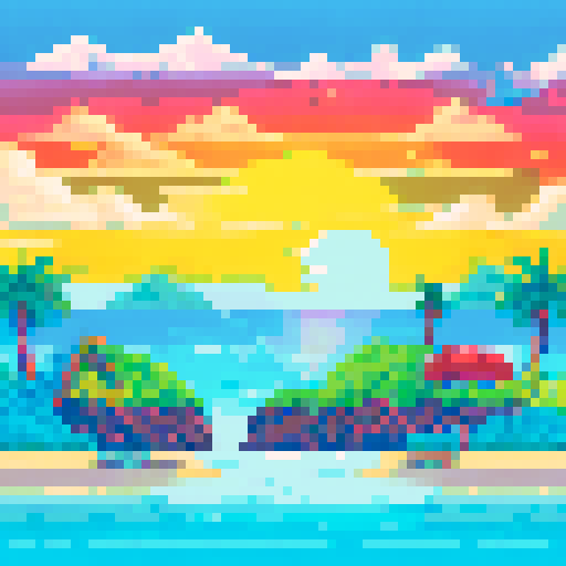 Shark lurking near a colorful beach party, with palm trees, beach umbrellas, and a vibrant sunset in pixel art style