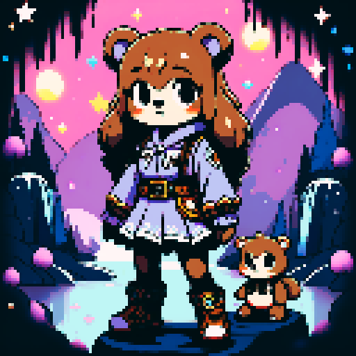 A graphic depiction of a bear in retro 1995 anime style, chibi form, with expressive black eyes and brown fur, styled with long twin pigtails. Wearing magical clothes with intricate belts and patches. Background of a wild magic night with a dark waterfall and bright stars. Created Using: classic anime aesthetics, detailed magical garments, enchanting night setting, vivid portrayal, star reflections, dynamic composition, hd quality --ar 2:3 --v 6.0