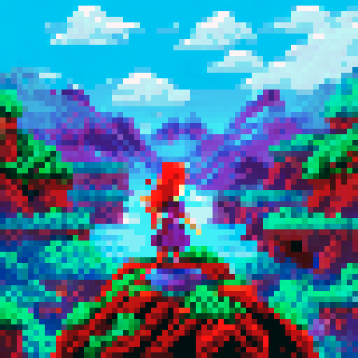 Ninja girl's fierce face, sharp eyes, and flowing hair set against a vibrant, mountainous landscape in pixel art style, with a moody sRGB color scheme and a detailed, textured background