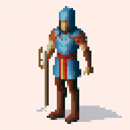 greek hoplite with copper armor, shield and corinthian style helmet without plume. red tunic and red edging on sandals. long spear. in a 64x64 sprite style