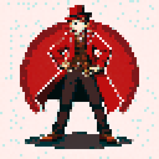 steampunk young man, red coat, red hat, 2D game stance, pixel art, sRGB, full body