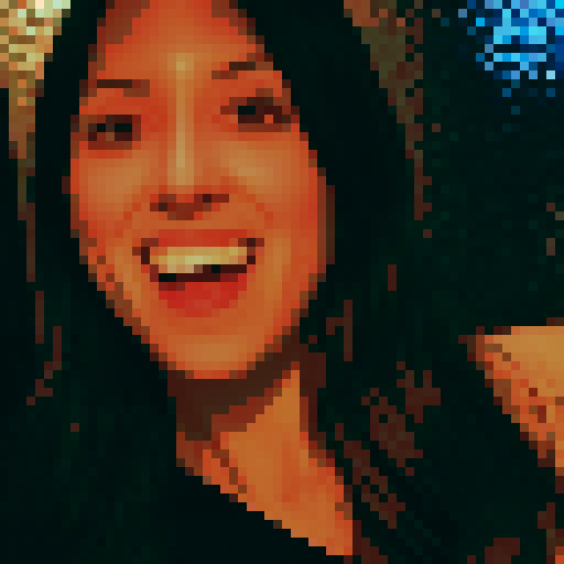 Pixelated anime girl with fluffy cat ears, neon lights reflecting off her shiny black hair, playful pose with mischievous eyes, surrounded by a rainbow of vibrant colors in pixel art style