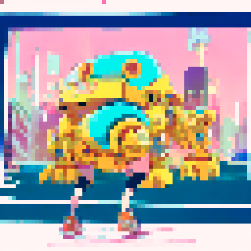 Yellow-skinned Simpsons characters wearing anime-inspired clothing, standing in front of a neon-lit cityscape with giant robot mechs towering behind them