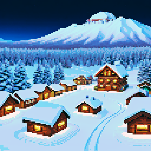 snowy mountain range ski town with a tiny lodge, igloo, campsite, cold, pixel art, sRGB, christmas themed