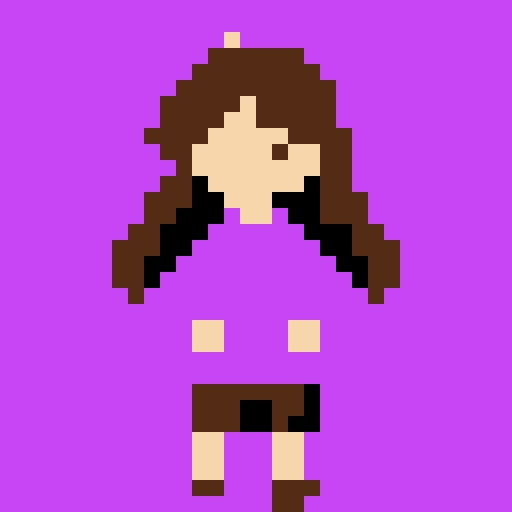 girl with long brown hair and brown eyes, wearing an oversized purple sweater and black shorts, depicted in pixel art with vibrant sRGB colors