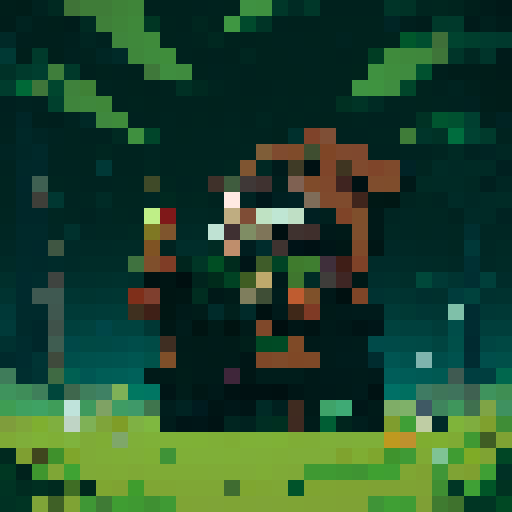 anthropomorphic raccoon with black and forest green fur, adventurers garb, throne made of treasure and money, dollar bills raining down, sRGB, pixel art