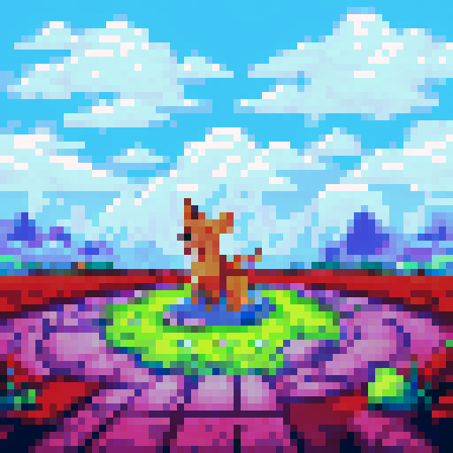 Brown, furry pup with floppy ears, tongue lolling out, chomping on a pile of steaming, putrid feces, amidst a vibrant, green meadow with rolling hills and a clear, blue sky in the background, all rendered in pixel art