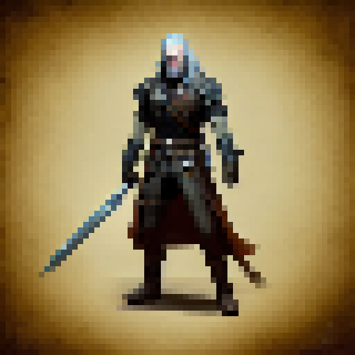 Geralt of Rivia from the Witcher 3 full body,portrait in the style of a 2d pokemon game pixel art
