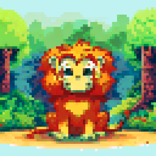 cute golden lion tamarin, lush green foliage, dappled sunlight, vibrant orange fur, expressive round eyes, playful stance, detailed pixelated textures, vibrant color palette, forest floor, tall trees, soft shadows