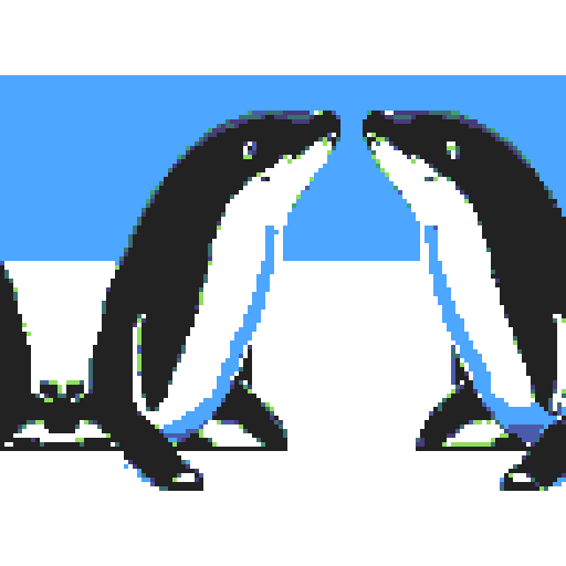 three killer whales with sleek black and white bodies, working diligently at a desk adorned with vibrant pixel art, their laptops emitting a mesmerizing display of sRGB colors