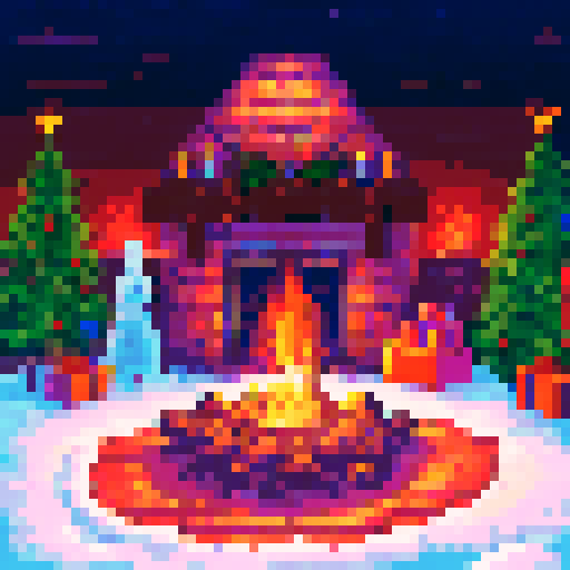 christmas chimney, the center need to be the chimney, with its focus point the campfire inside it. the interior needs be big enough to make a game of picking up gifts that fall from the top (do not draw the gifts now), make it festive.