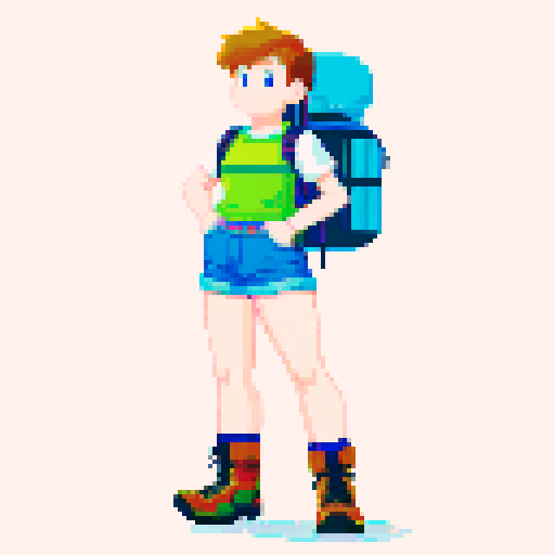 Full body image of a Male character wearing a T-shirt, colorful shorts, hiking boots,and backpack