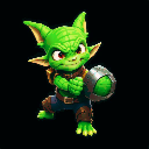 A cunning and agile goblin with light armor, and a mischievous grin. It has quick hands and a sly expression, adept at sneaking and stealing. No background.

