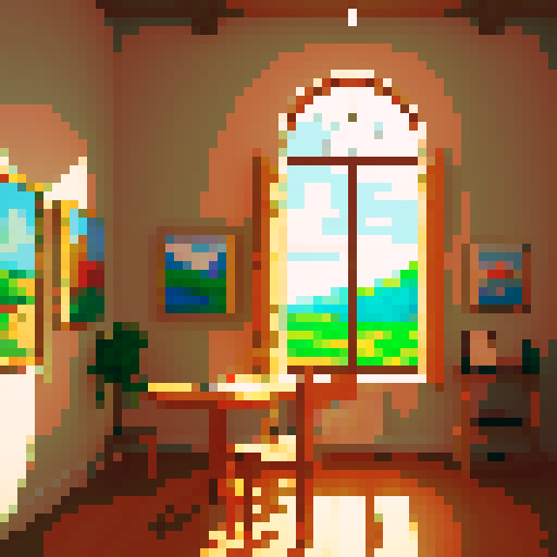 a warm and cozy art gallery with several paintings in view