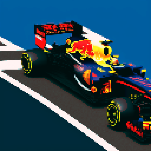 Formula 1 red bull car, full car in view, close up, driver in seat, blue sky background in Monaco