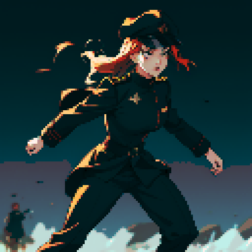 full-body image, military general woman, black uniform, black hat, evil, facing left, ready to fight, war background, battlefield, warfare