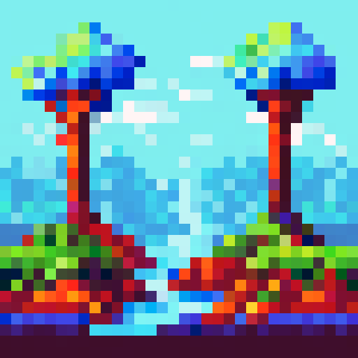 Tiny gun, shiny metal, red trigger, 10x10 pixels, nestled in a lush green landscape with a clear blue sky backdrop - all in pixel art