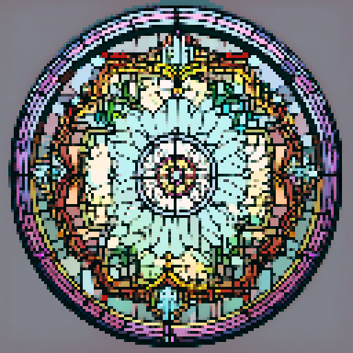 I want a beautiful circular stained glass window in all the colors of the rainbow. It should be simple, having no more than 10 glass segments total. I want this object usable an asset in a videogame, meaning only one object per image, outlined with a strong black stroke, on a solid-color background.