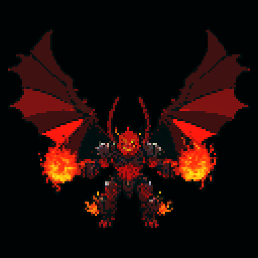 A fearsome, heavily armored demon with flames flickering around its body, massive wings, and glowing red eyes. It wields a fiery sword and has a menacing expression, ready to lead an army into battle. No background.
