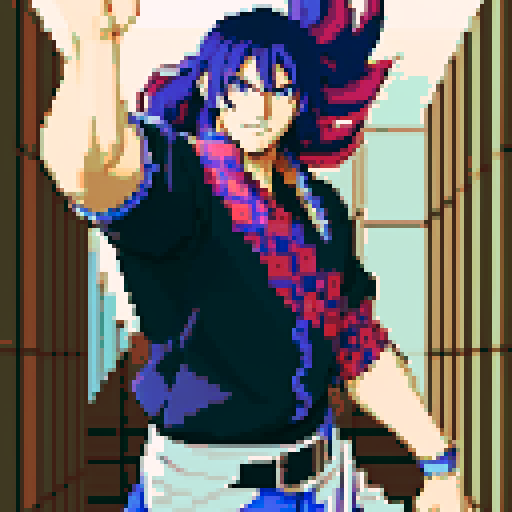 Anime Male, Dashing Right, vibrant colors, intricate details, bold lines, smooth shading, singular pixel art portrait, sRGB, top quality, Masterpiece, pixel art, Weapon in hand, Monster Attached to body