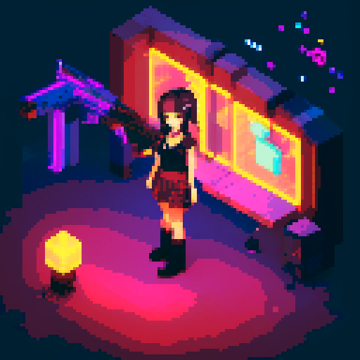  Mage anime girl with flowing hair, fluorescent tattoos, and a pixelated sniper rifle, navigating through a purple neon-lit night market and an sRGB glow