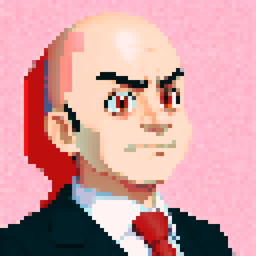 minister of foreign, serious expression, bald, close-up, confident stance, anime style, pixel art, suit, front view, 60-years-old, front view, bust