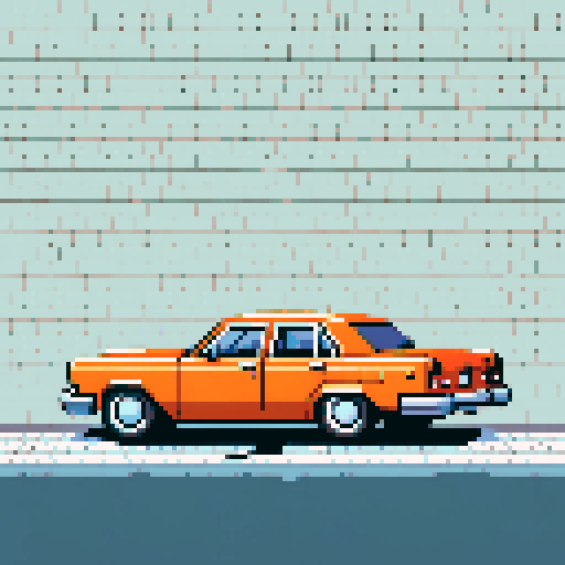 orange sedan hitting a white brick wall