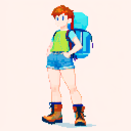 Full body image of a Male character wearing a T-shirt, colorful shorts, hiking boots,and backpack