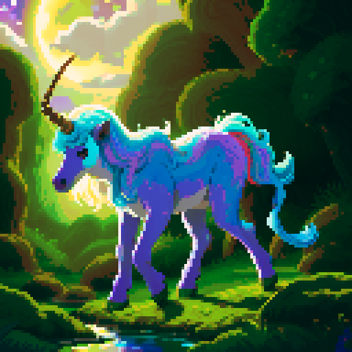 mystic druid wild woman unicorn faun hybrid bathed in moonlight, with a playful demeanor, cloven hooves, showcasing its full body in pixel art style with vibrant sRGB colors