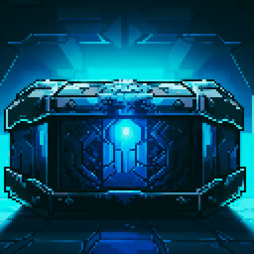mystery box, stone, metall, shiny, pixel art, sRGB, vibrant colors, glowing lights, intricate patterns
