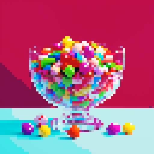 rainbow candy mix in different shapes in a glass bowl, white background
