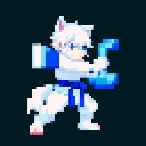 beast man with wolf ears and tail, white hair, brilliant blue yukata, pixel art, sRGB, 2D game stance