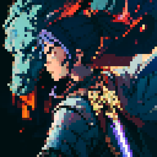 JRPG protagonist, young frail fighter, pixel art, sRGB, dimly lit ruins, tattered cape, glowing sword, haunted expression, swirling shadows, vibrant hair, weathered armor, crumbling buildings, mystical creatures, ethereal atmosphere